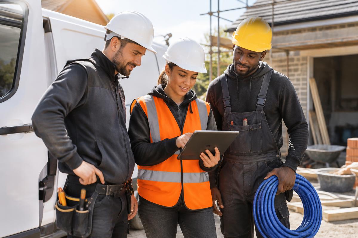 A team of tradespeople planning work together
